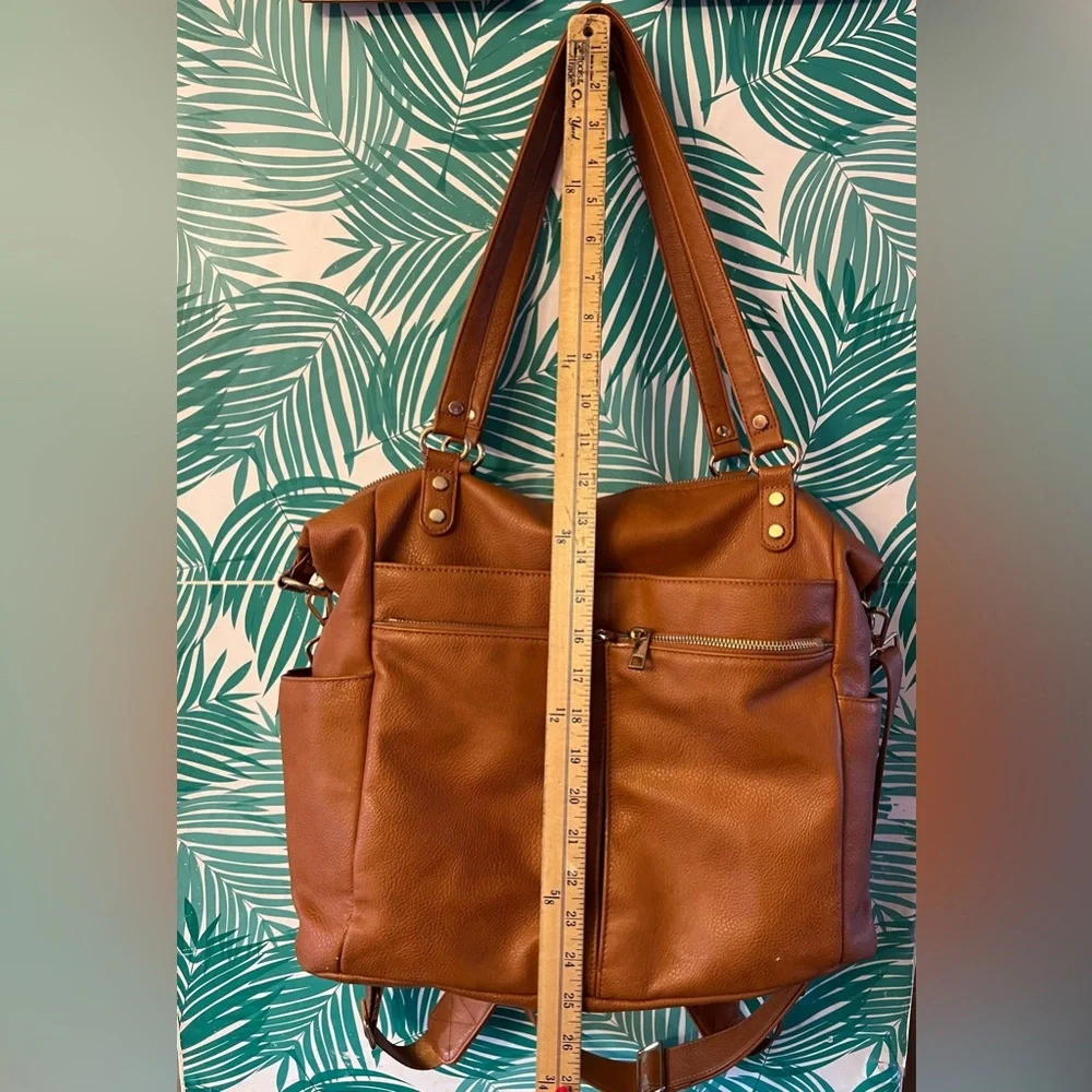 Mominside brown vegan leather convertible diaper bag backpack multiple pockets